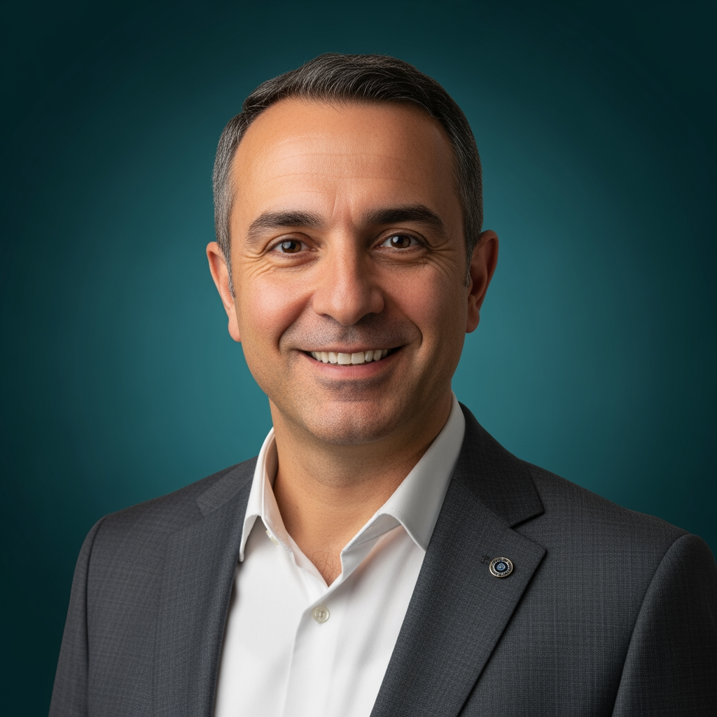 Gri takım elbiseli gülümseyen erkek iş insanı headshot