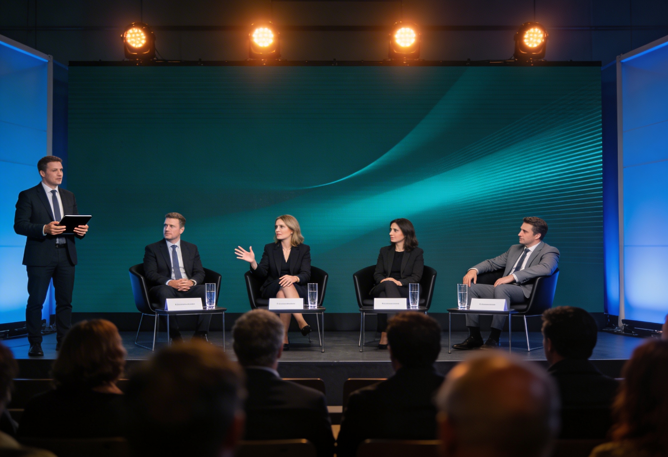 Aydınlatılmış sahnede dört panelist konferans tartışması yürütüyor